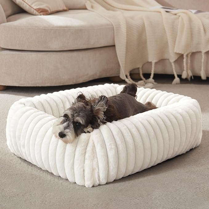FURTIME Dog Bed for Small Dogs, Washable Orthopedic Dog Bed with Removable Cover, Rectangle Soft Calming Sleeping Puppy Bed Durable Pet Cuddler with Anti-Slip Bottom, Cream, S (20"x19"x6")
