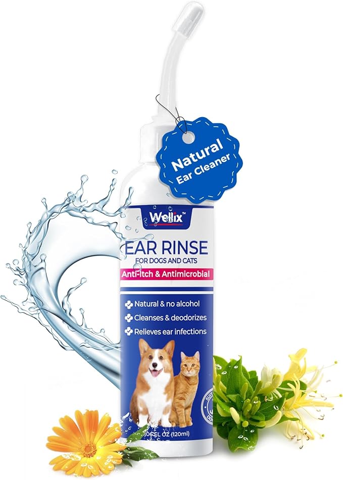 Wellix 120ml Ear Cleaner for Dog & Cat, Plant-Based Ear Drops for Dogs | Ear Wash for Itch Relief & Soothing Inflammation | Non-irritating Ear Infection Treatment | Ear Wax & Odor Removal Ear Flush