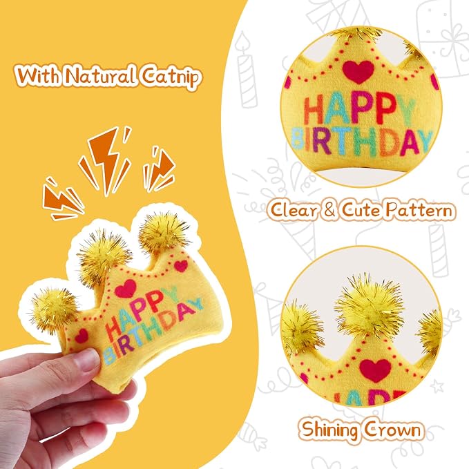 ADABOO 4PCS Cat Birthday Toy Set, Birthday Cake and Crown, Plush Catnip Toy with Crinkle Paper & Tinsel, Soft Interactive Toy, Perfect for Cat Lovers