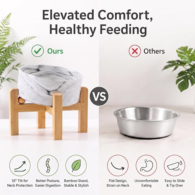 hjn Elevated Ceramic Dog Bowl 15°Slanted Raised Dog Bowl with Bamboo Stand for Small Medium Dogs and Cats, Pet Feeder -7.6-Cup (1800ml)-Marble Gray