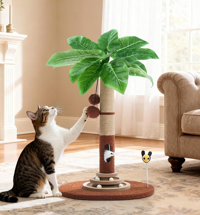 Made4Pets 27" Tall Cat Scratching Post with Sisal Rope, Interactive Hanging Balls, Toy Mouse and Two-Layer Ball Track Kitten Toys, Palm Tree Cat Scratcher Tower for Indoor Cats and Kittens