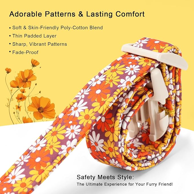 Fall Dog Collar Vintage Daisy Puppy Collar - Hippie Flower Dog Collars Light Comfortable Adjustable Pet Collars for Small Medium Large Girl Boy Dogs M