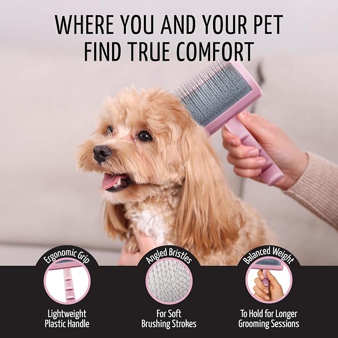 Tauro Pro Line Deshedding Slicker Brush for Dogs & Cats, Soft Pins for Gentle Dematting & Detangling, Grooming Tool for Long & Dense Coats, Ideal for German Shepherds, Non-Slip, Pink, Small Size (S)