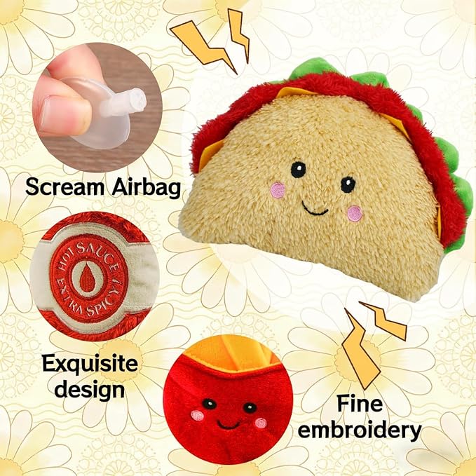3-Pack Squeaky Dog Toys Funny Taco Plush Dog Chew Toys Set with Built-in Squeakers, Interactive Stuffed Pet Toys for Small Medium Large Dogs
