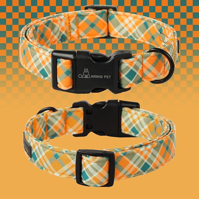 ARING PET Fall Dog Collar, Cute Orange Green Plaid Halloween Autumn Pet Collars with Quick Release Buckle for Puppy Small Medium Large Girl Boy Dogs Cotton-S