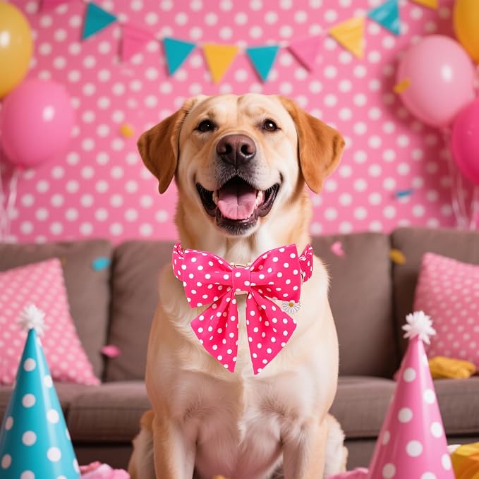 Pink Dog Collar for Girl Dogs, Spring Summer Pink Dots Dog Collar with Bowtie- Adjustable Female Sailor Bow Dog Collar for Small Dogs S