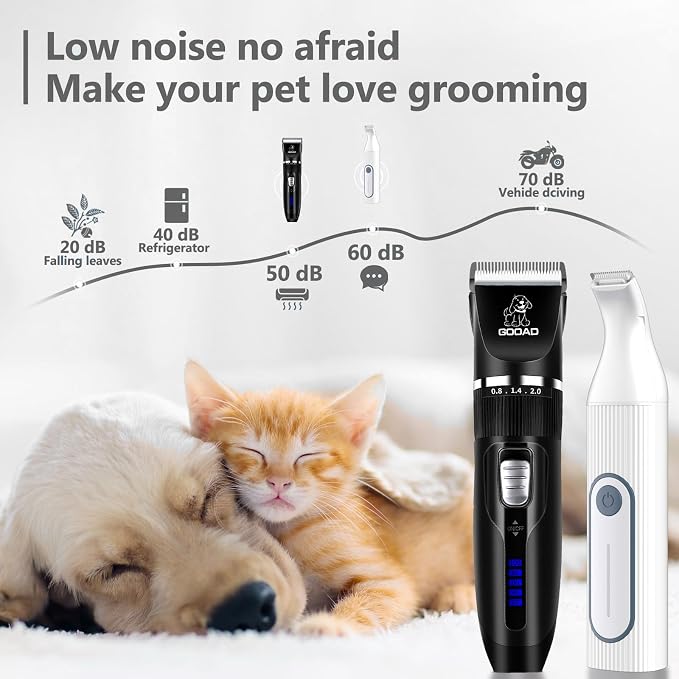 4 in 1 Dog Clippers Grooming Kit and Paw Trimmer for Thick Hair&Coats | 3-in-1 Clipper+Paw Trimmer+Nail Grinder, <60dB Quiet, Cordless,LED Display, 4 Guide Combs, Detachable Titanium-Ceramic Blade