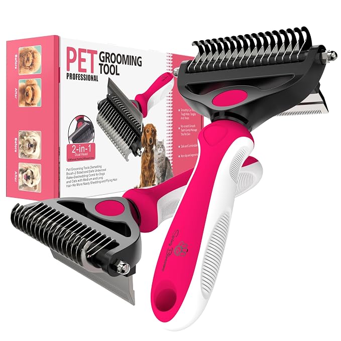 Spring Blossoms-2 in 1 Professional Grooming Rake for Cats & Dogs-Dematting Comb for Easy Mats & Tangles Removing,Pet Brush Safe No More Nasty Shedding and Flying Hair (Rose)
