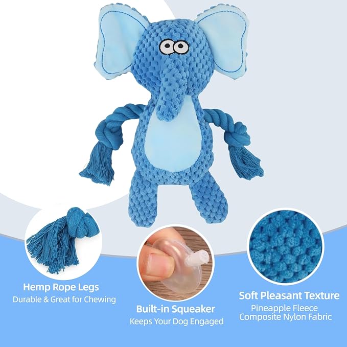 Cotton Rope Squeaky Dog Toy with Crinkle Paper – Interactive Plush Chew Toy for Small & Medium Puppies, Elephant Design