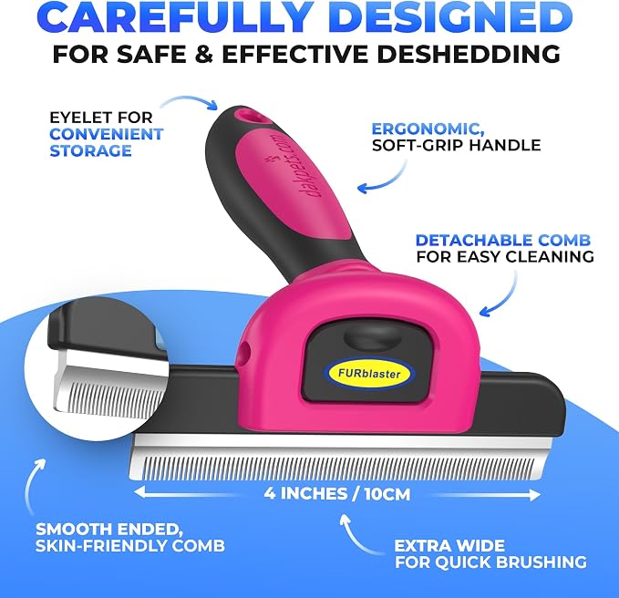 DakPets Stainless Steel Pet Deshedding Tool - Grooming Brush for Cats and Dogs, Removes Trapped Hair, Reduces Shedding by Up to 95%, All Hair Types, Includes Protective Blade Cover, Pink, 4 inches