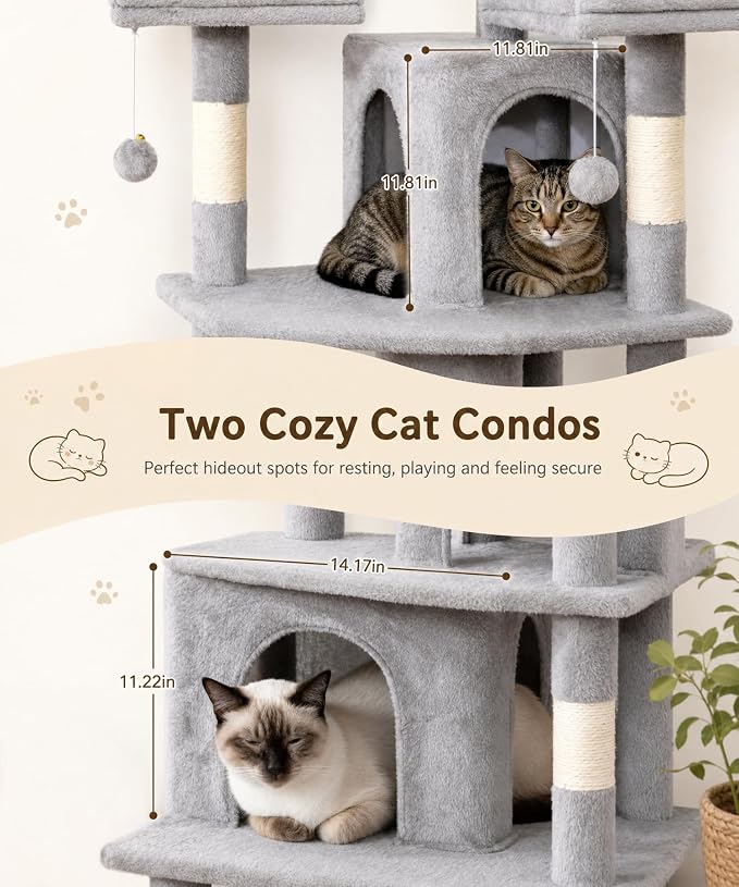 Cat Tower, 71 Inch Heavy Duty Cat Tree for Large Cats | Tall Multi-Level Cat Tree Tower with Extended Base, 2 Condos, 3 Perches, 9 Sisal Posts & Hammock for Indoor Adult Cats, Grey