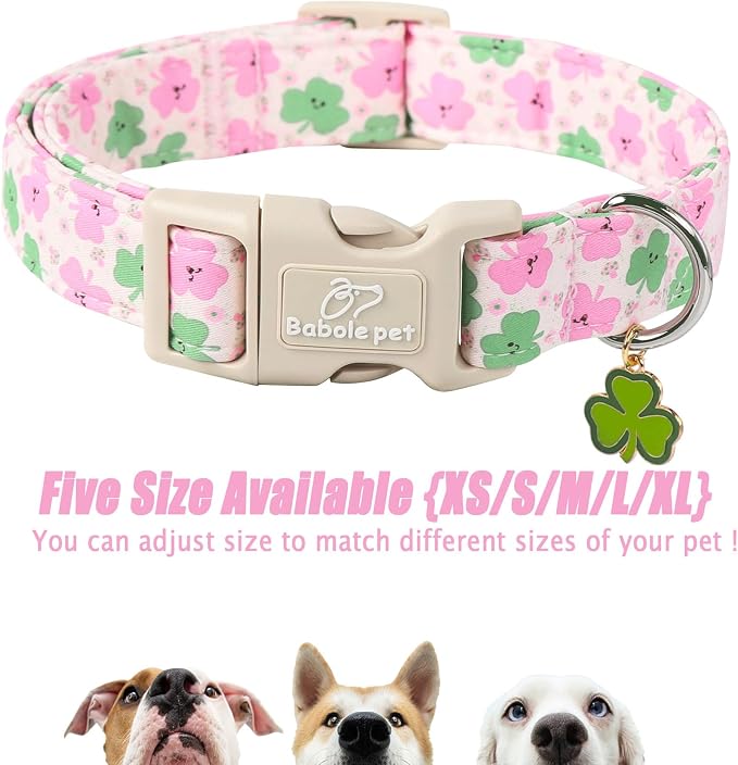 St Patricks Day Dog Collar for Small Dogs - Cute Light Pink Shamrock Girl Dog Collars, Adjustable Irish Clover Puppy Collar with Quick Release Buckle S