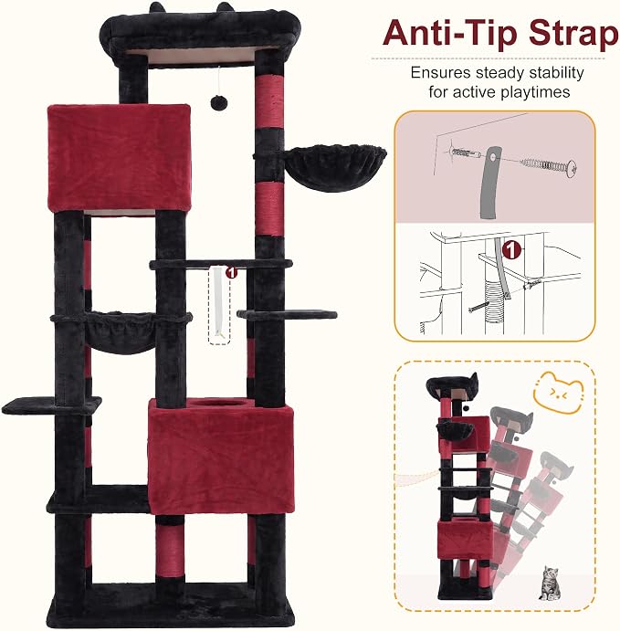 Heybly Cat Tree, 76-Inch Tall Heavy Duty Cat Tower for Big Cats HCT039BR | Multi-Level Large Cat Furniture with Extra Wide Baseboard, 2 Condos & 2 Hammocks, 10 Scratching Posts, Black and Red