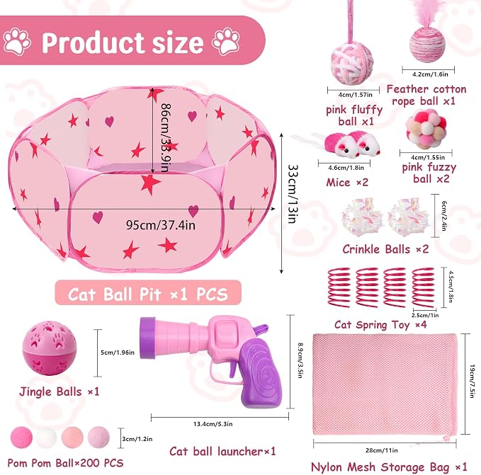 Cat Ball Pit for Indoor Cats, Collapsible Interactive Cat Toy Set with Pom Pom Launcher Crinkle Balls Jingle Bells Springs Toy Mice, Foldable Enrichment Play Pen for Bored Kittens Self Play (Pink)