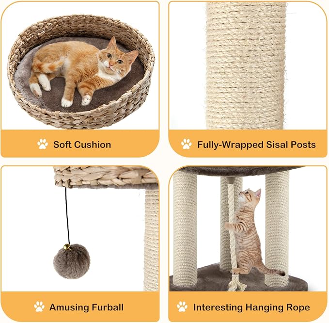 41 Inch Modern Cat Tree for Indoor Cats, Multi-Level Cat Tower with Scratching Posts, Hand-Made Wicker Cat Condo & Top Perch, Dangling Ball, Sisal Rope, Cute Cat Tree for Indoor Cats
