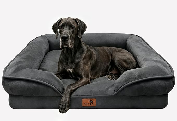 Spotted Play Orthopedic Dog Bed with Sides - Sofa Beds for Extra Large Dogs, Supportive Foam Pet Couch Bed with Washable Removable Cover, Waterproof Lining and Non-Slip Bottom, Dark Grey - XXL
