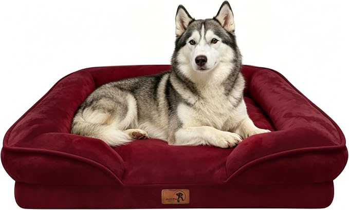 Spotted Play Orthopedic Dog Bed with Sides - Sofa Beds for Large Dogs, Supportive Foam Pet Couch Bed with Washable Removable Cover, Waterproof Lining and Non-Slip Bottom, Burgundy - L-Plus