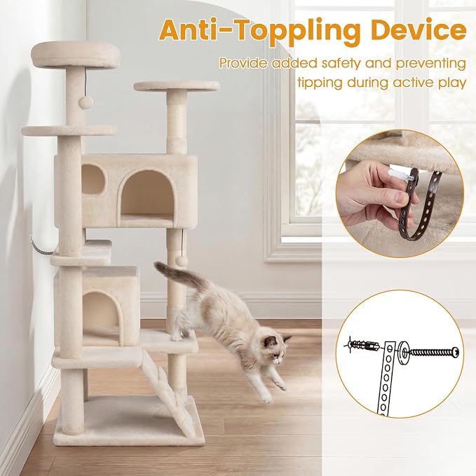 52-inch Cat Tree, Multi-Level Cat Tower with Sisal Scratching Posts, 2 Comfy Condos, Plush Padded Soft Top Perch, Dangling Balls, and Climbing Ladder, Ideal for Indoor Cats (Beige)
