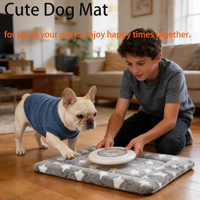 Dog Bed mat Machine-Washable Dog cage mat Gray Star（30x20x1.5in） | Soft reversible design with non-slip bottom, machine washable, lightweight, ideal for crates, travel, and home