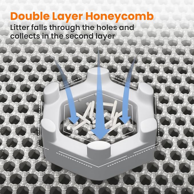 Extra Large Cat Litter Mat XXL, Double Layer Honeycomb, Gray | 46x26”, Reduces Litter Tracking, Easy to Clean, Waterproof, Non-Slip, Soft on Paws, Scratch Resistant, XXL