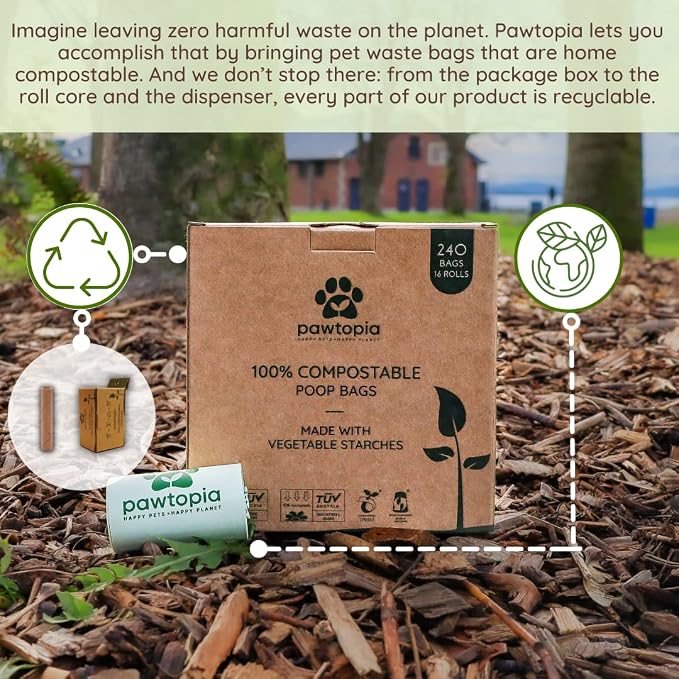 Pawtria Home Compostable Dog Poop Bags (240) + Paper Poop Bag Holder | Dispenser, Dog Poop Bag Rolls, Vegetable Starches, Leakproof, Easy to Open, Poop Bags for Dogs, Cat Litter, Dog Waste Bags