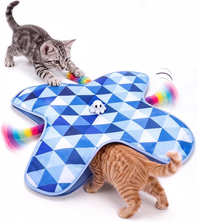 PetBusy [Baby Grade Automatic Hide &Seek Interactive Cat Toys for Indoor Cats,[Week-Long Big Battery] Rechargeable Smart Touch-Activated Kitten Toy with Moving Rainbow Tail for Bored Adult Cats, Blue