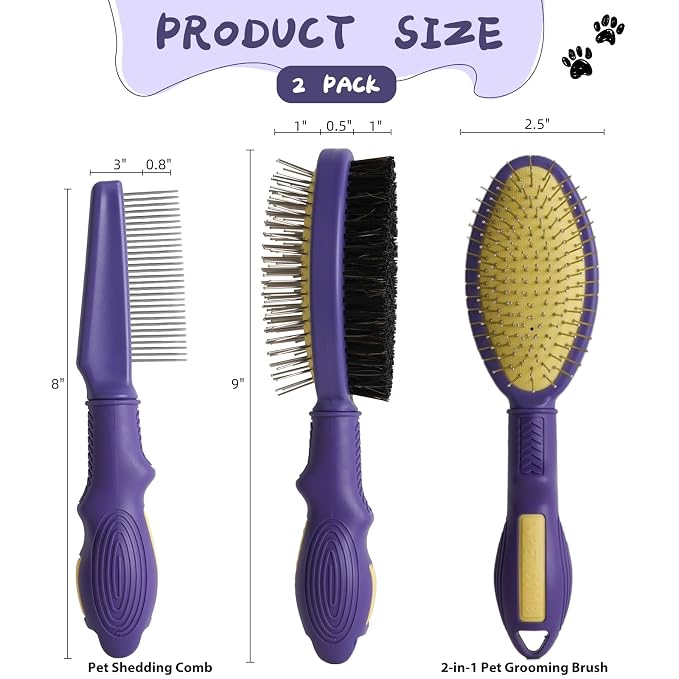 2PCS Pet Grooming and Deshedding Brush Tools | 2-In-1 Double-Sided Dogs Cats Brush for Shedding and Bathing, Pet Shedding Comb for Removes Loose Long and Short Haired