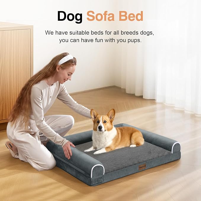 NANUYA Orthopedic Dog Bed for Medium Dogs, 30 x 20 Inch, Dark Grey | Egg crate foam for joint support, 3-sided bolster pet sofa, waterproof lining, washable cover, and non-skid base