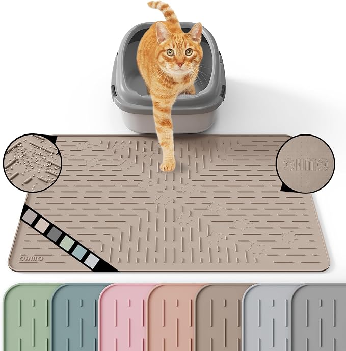 OHMO Cat Litter Mat, 23.5x16 Silicone Trapping Mat Beige | for Kitty Litter Box, Easy Clean, BPA Free Rubber, Center Litter Collection, Easy Pour-Back, Waterproof, Odor-Resistant