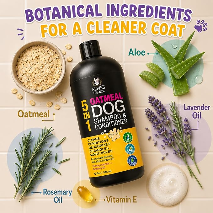 Oatmeal Dog Shampoo and Conditioner for Sensitive Skin with Aloe 32 fl oz | 5 in 1 Puppy Shampoo for Itchy, Sensitive Skin | Cleans, Conditions, Deodorizes & Moisturizes For All Breeds | ALFIE'S CHOICE