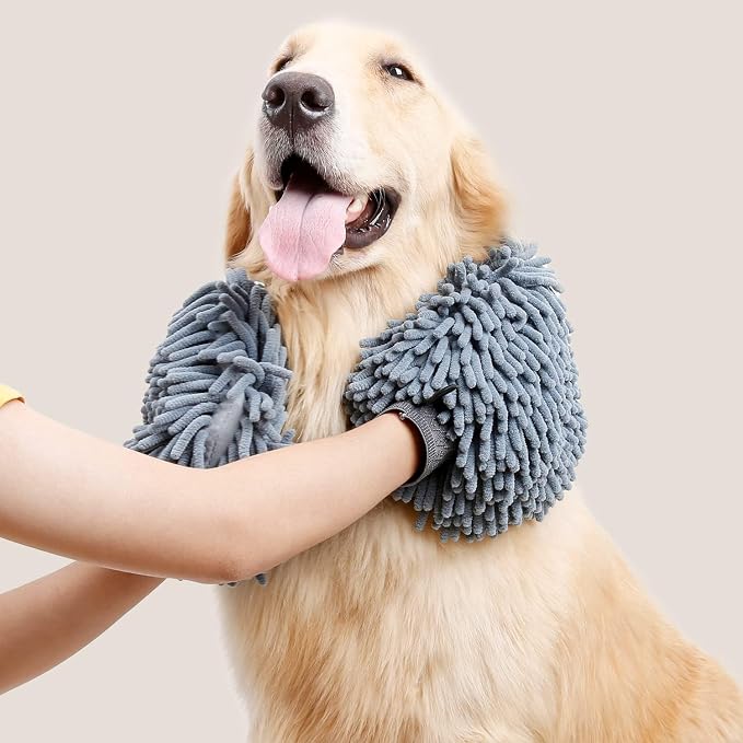 Super Absorbent Dog Dry Bath Gloves, Chenille Microfiber Pet Dirty Dogs Grooming Glove, Suitable for All Dog Breeds, For Wiping Wet Paws and Bodies, Machine Washable 2 Pack
