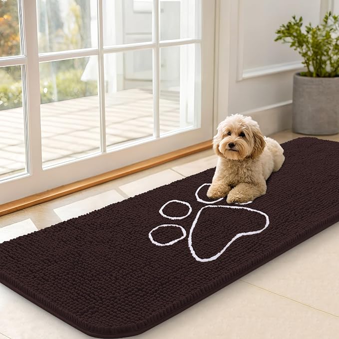 OLANLY Dog Door Mat for Muddy Paws 59x20, Paw Print Design Chenille Mud Mat | Brown, Absorbent, Traps Moisture and Dirt, Non-Slip Washable Doormat, Quick-Drying Indoor Entryway Floor Carpet for Dogs