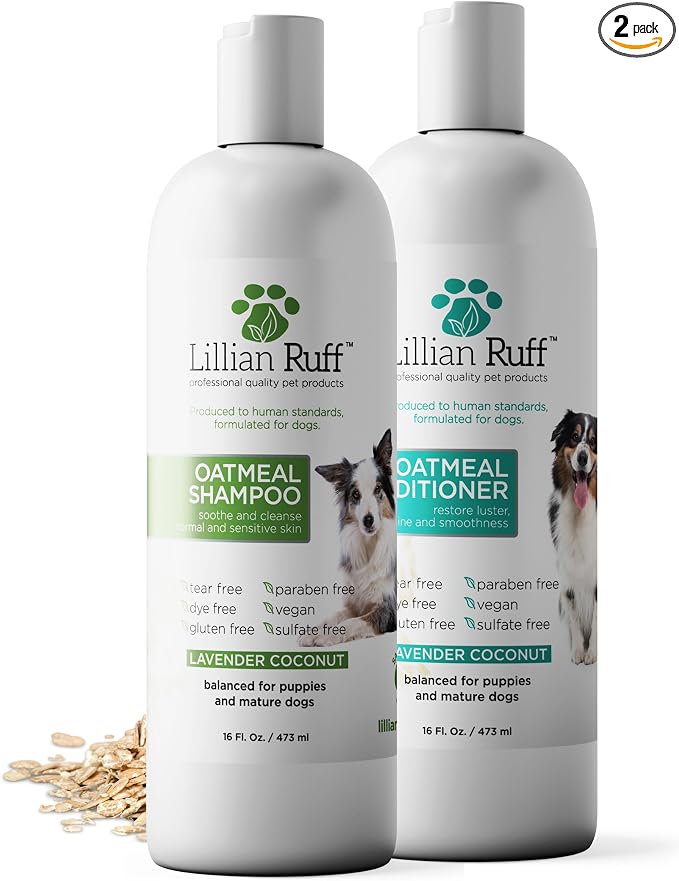 Lillian Ruff PRO Formula Deodorizing Oatmeal Dog Shampoo & Conditioner Set - Calm Itching & Allergies, Ultra-Nourishing Dry Skin Relief - Oatmeal, Aloe, Coconut Oil, Lavender & Provitamin B5, USA Made