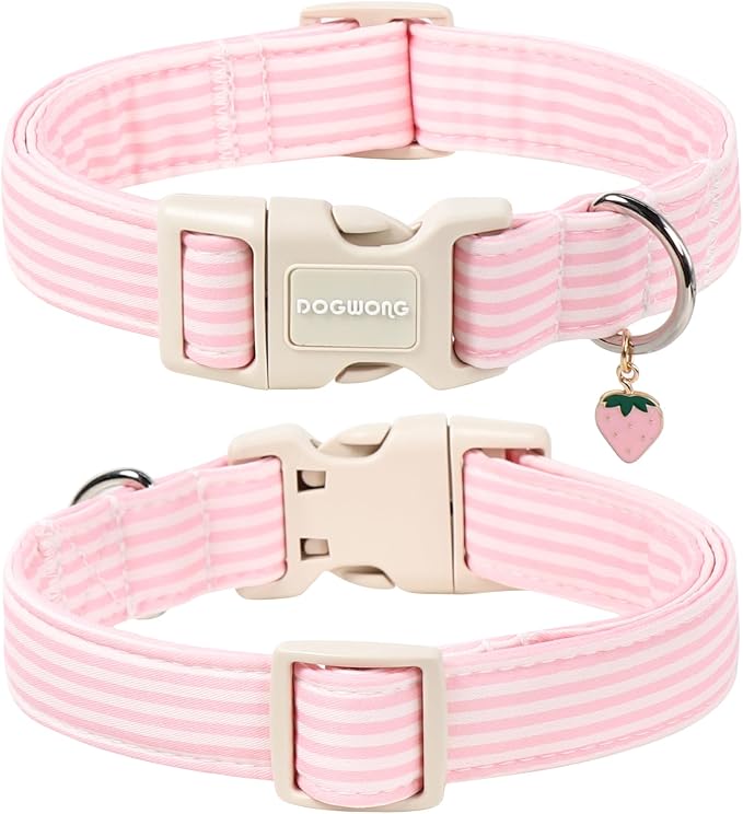 DOGWONG Pink Dog Collar, Spring Summer Girl Dog Collar with Plastic Buckle, Strawberry Striped Female Dogs Collars for X-Small Puppies Dogs, Neck 8-12 inches