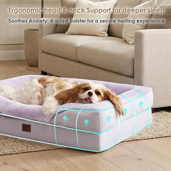 EHEYCIGA Orthopedic Dog Bed for Medium Dog, Memory Foam Dog Couch Bed with Sides, Waterproof Liner & Washable Removable Cover, Bolster Pet Sofa, 30x20 Purple
