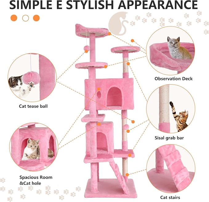 70 Inch Pink Cat Tree, Tall Cat Tower with 2 Condos, 3 Scratching Posts, Multi-Level Platforms - Sturdy Climbing Structure Tall Cat Tower for Indoor Cats