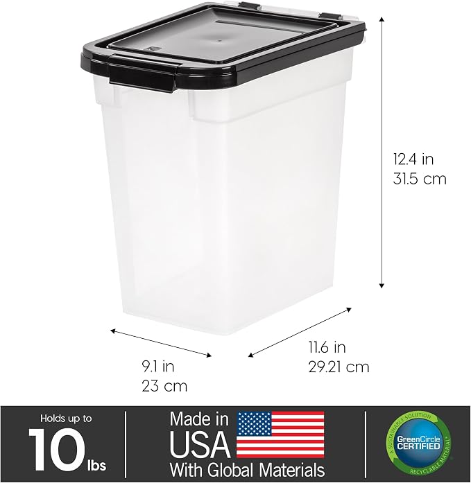 IRIS USA Airtight Dog Food Storage Container, WeatherPro, Up to 10 lbs, for Dog Cat Bird and Other Pet Food Storage Bin, Keep Fresh, Translucent Body, Made in USA, Clear/Black