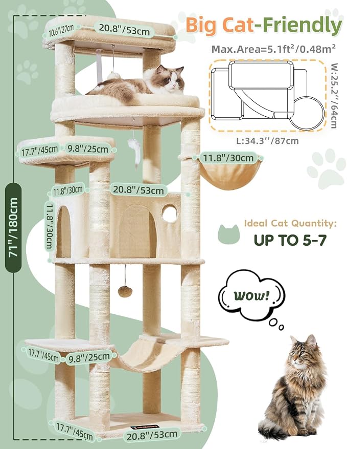 Taoqimiao Heavy-Duty Cat Tree, 71 in Cat Tower for Large Cats 20lbs+ | 3 Giant Multi-Tier Perches, Widened Cat Condo with 9 Scratching Posts, Plush Hammock & Basket, Toys, Beige, MS034M