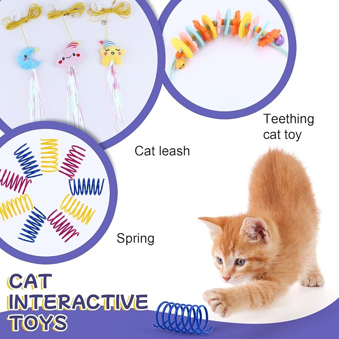 Geila Interactive Cat Toys Bundle – 31 Piece Kitten Cat Toy Set with Door Hanging Teaser, Bell, Fuzzy Balls, Springs, Teething Stick & Catnip Mouse – Fun Indoor Play for Cats & Kittens (Blue)