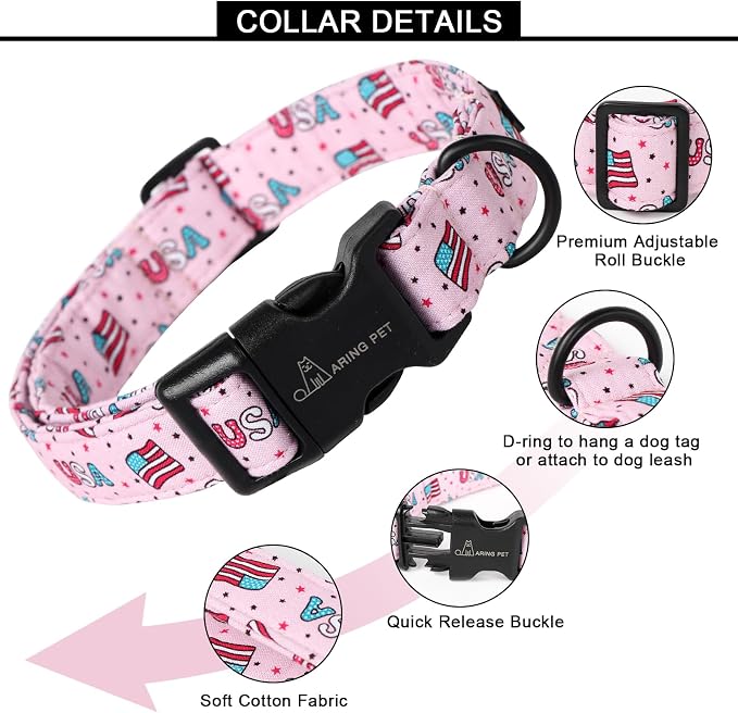 ARING PET 4th of July Collars for Dogs, Fourth of July Pink Patriotic USA Flag Dog Collar for Puppy Small Medium Large Boy Girl Doggy-M