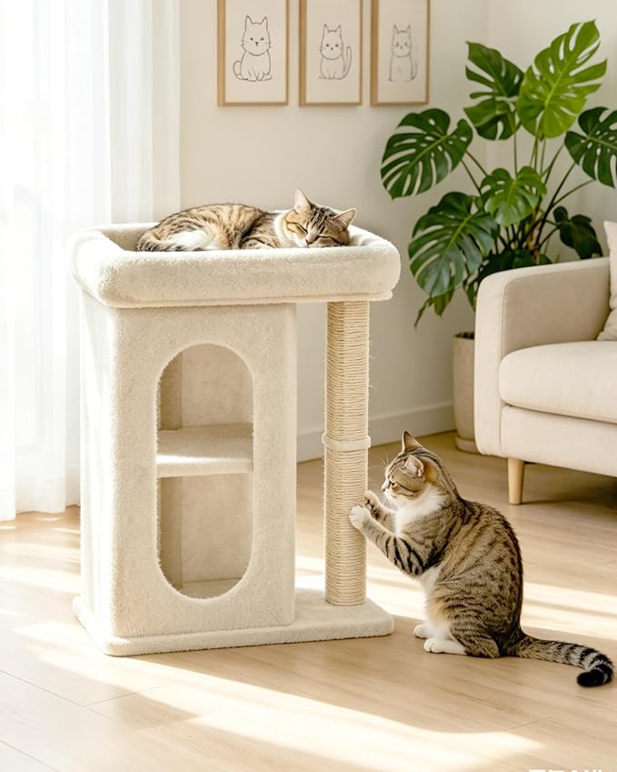 Cat Tree for Large Cat, Small Cat Tower with Large Perch Bed, Scratching Posts, Dual Condos for Indoor Cats Kittens, Beige