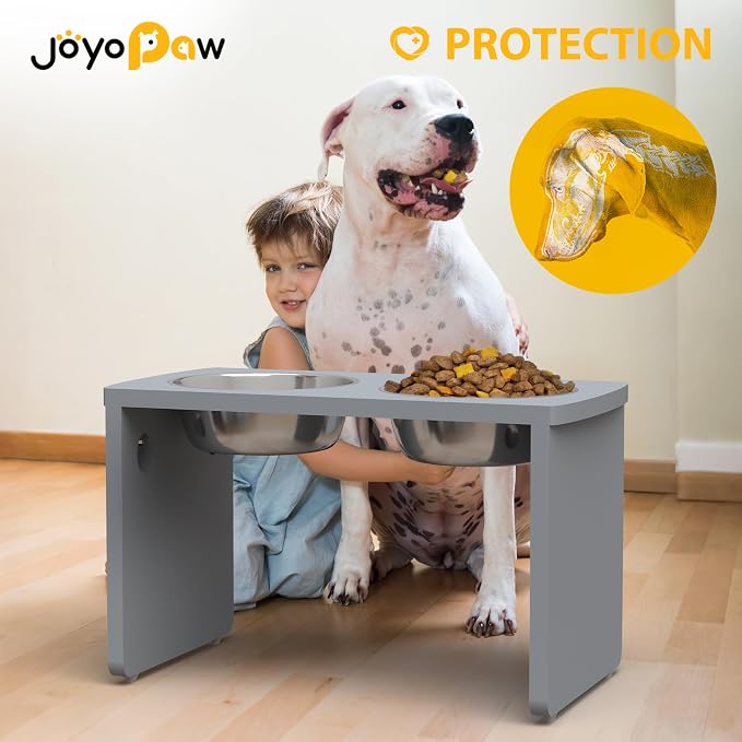 Elevated Dog Bowls, Bamboo Raised Dog Bowl for Large Dogs, with 2 Stainless Steel Bowls (13'' Tall-68 oz Bowl, Grey)