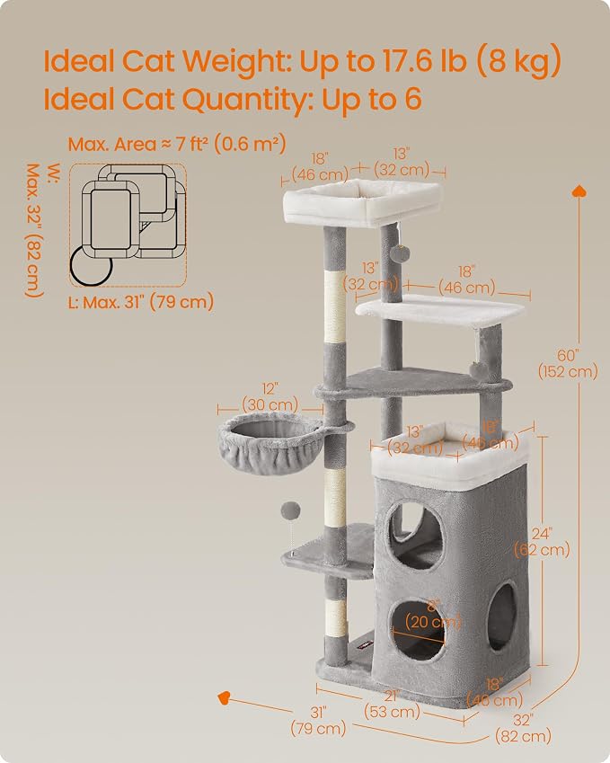 Feandrea Cat Tree Indoor, 60" Multiple-Level Plush Cat Tower, Dove Gray | 2 Caves, 3 Steps, 3 Scratching Posts, 3 Ball Toys, Cat Condo House for Large Adult Cats, UPCT007G01
