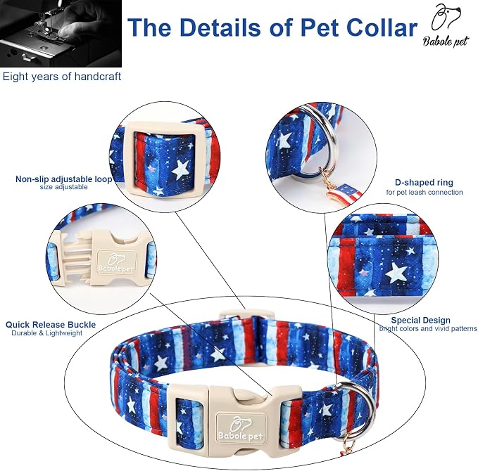 4th of July Dog Collar, Stars & Stripes Patriotic Dog Collars for Giant Large Dogs, Adjustable Lightweight Quick-Release Buckle Collar for Boy&Girl Dogs XL