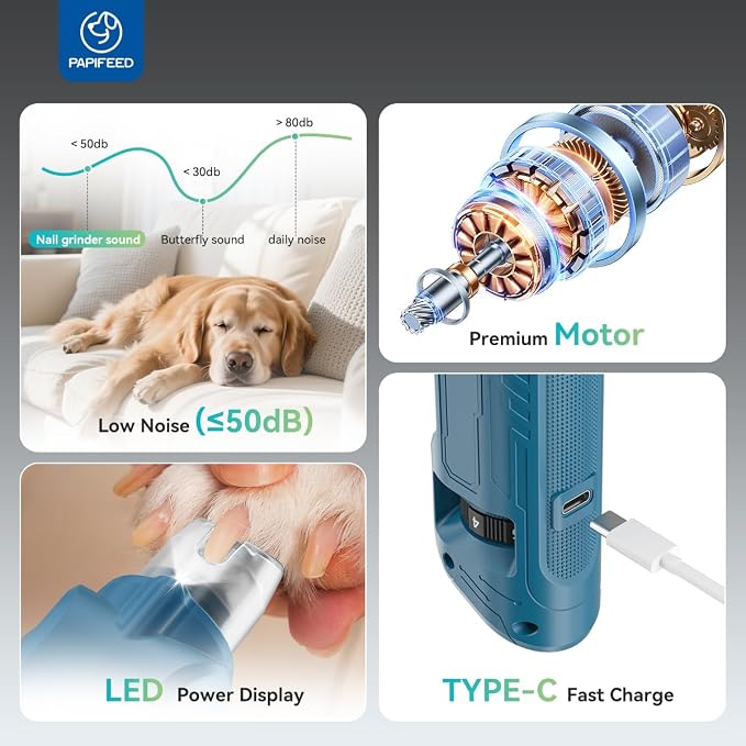 PAPIFFEED 6 Speed Pet Nail Grinder with Dual LED Lights, Rechargeable Dog Nail Trimmer with Dust Proof Cover, Type-C Charging Powerful Torque Pet Nail Clipper for Small Medium Large Dogs Cats(Blue)