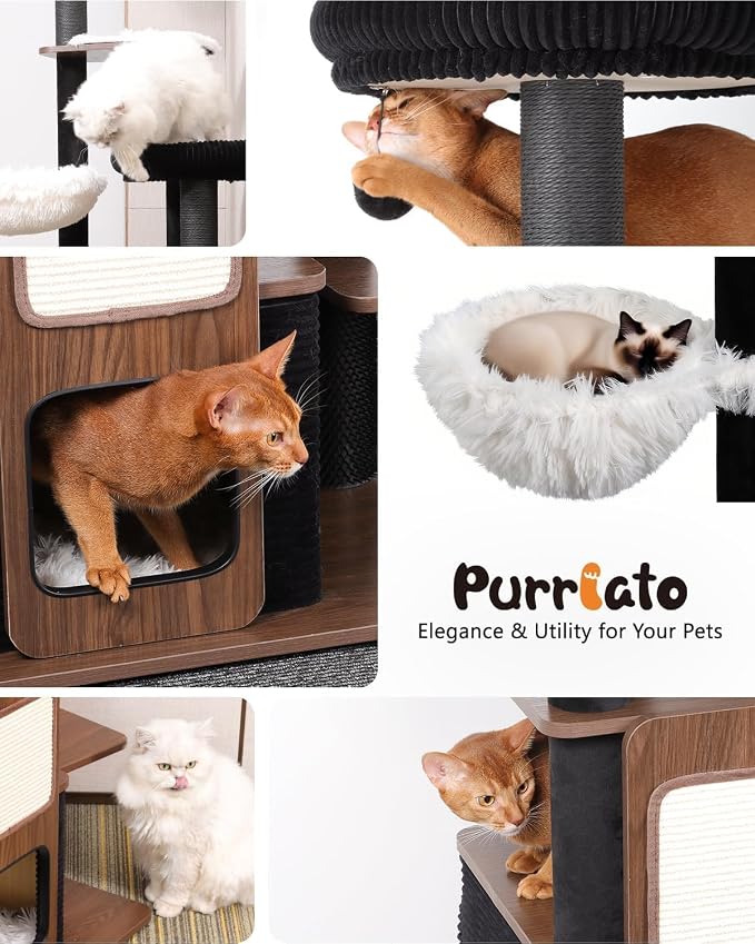 63" Wooden Cat Tree, Modern Cat Tower, Self-Grooming Brush, Walnut | Heavy Duty Cat Tree, Cats Furniture, for Large Cats up to 15 lbs, Climbing Post, Plush Top Perch, Stable Base, Cozy Cat Condo