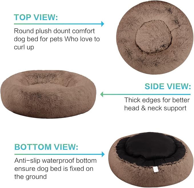 SAVFOX 23 inches Calming Donut Dog Bed - 3X Durable Plush Faux Fur, Machine Washable & Non-Slip, Fits up to 25 lbs, Brown
