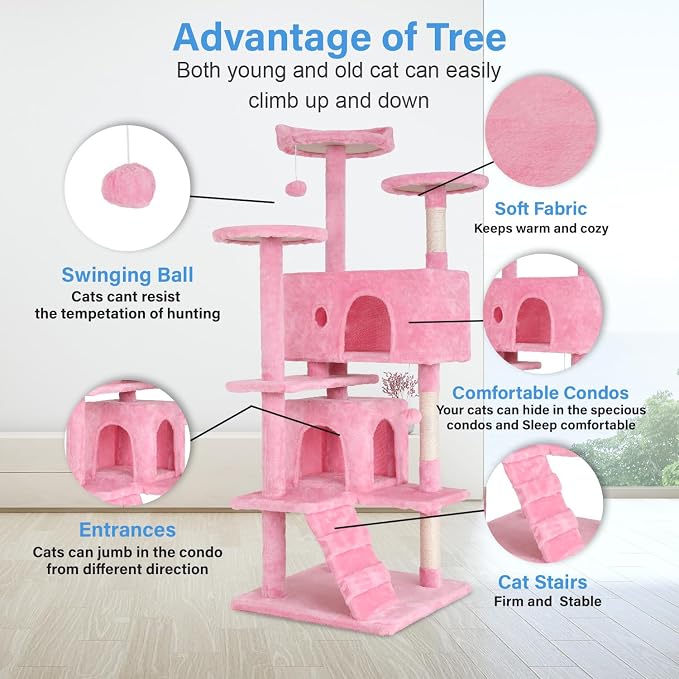 FDW | 54" Cat Tree Tower | Pink | Multi-Level Indoor Activity Center | with Sisal Scratching Posts, Condos, Plush Perches, Hanging Cat Toys | Sturdy, Easy to Assemble | for Kittens & Adult Cats