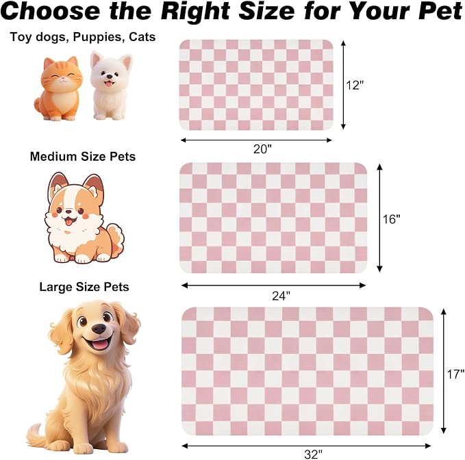 CooRug Checkered Dog Food Mat, Pet Feeding Mat 24" L x 16" W, Pink | Absorbent, Leak-Proof, Anti-slip, Quick Dry, Eco-friendly Materials, Easy to clean and store, For Messy Drinkers