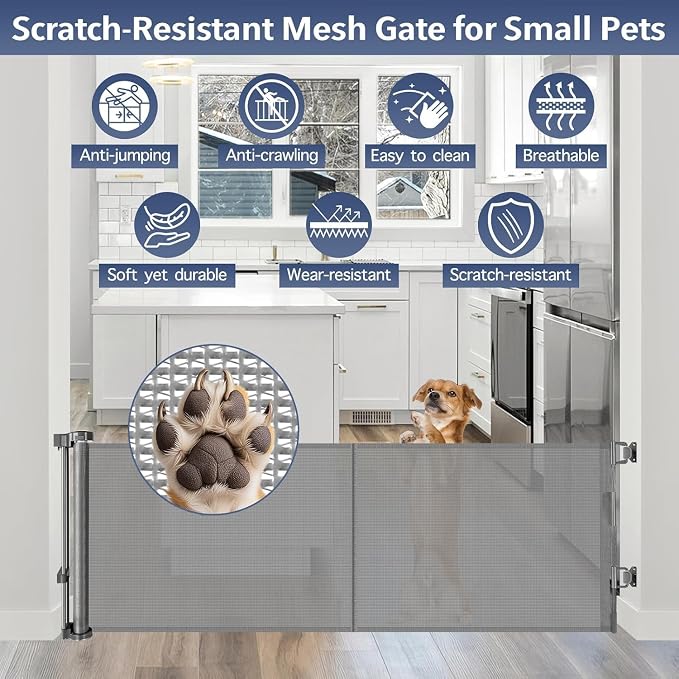 Reinforced 18 Inch Tall Retractable Pet Gate Short Dog Gates to Step Over, 55" Wide Small Dog Gate Indoor Outdoor Retractable Gate, Low Dog Gate Doggy Gate Puppy Gates for Doorways, Stairs, Gray